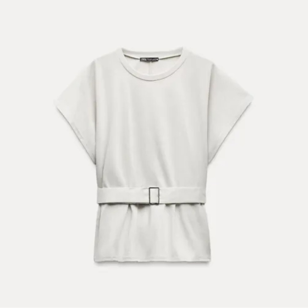 Zara White Boxy Belted Short Sleeve Tee